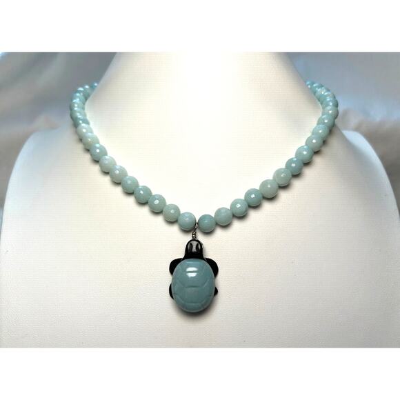 Handcrafted Aquamarine Beaded Necklace Carved Turtle Pendant Asian Symbolism - Picture 2 of 10